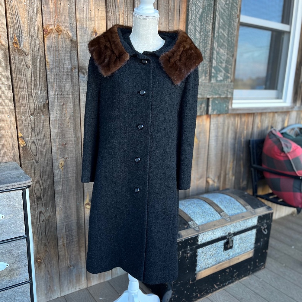 Classic Black Women's Coat with Brown Mink Collar